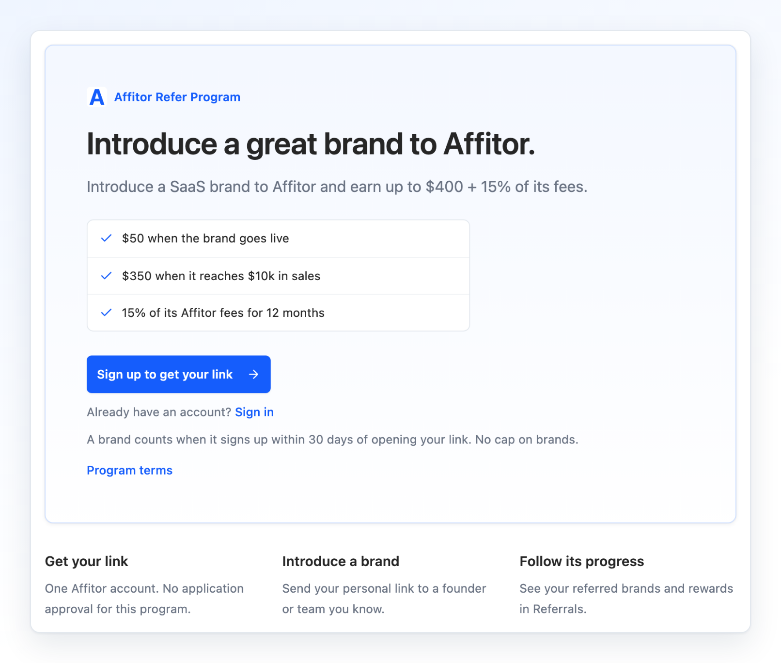 Affitor referral page with signup, sign-in and steps for getting a personal referral link