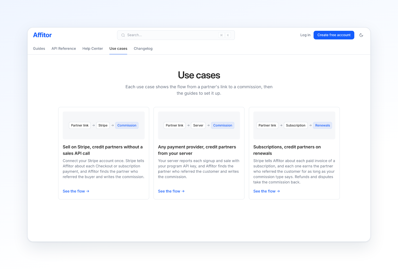 The Use cases page with three cards, each showing its flow from a partner link to a commission