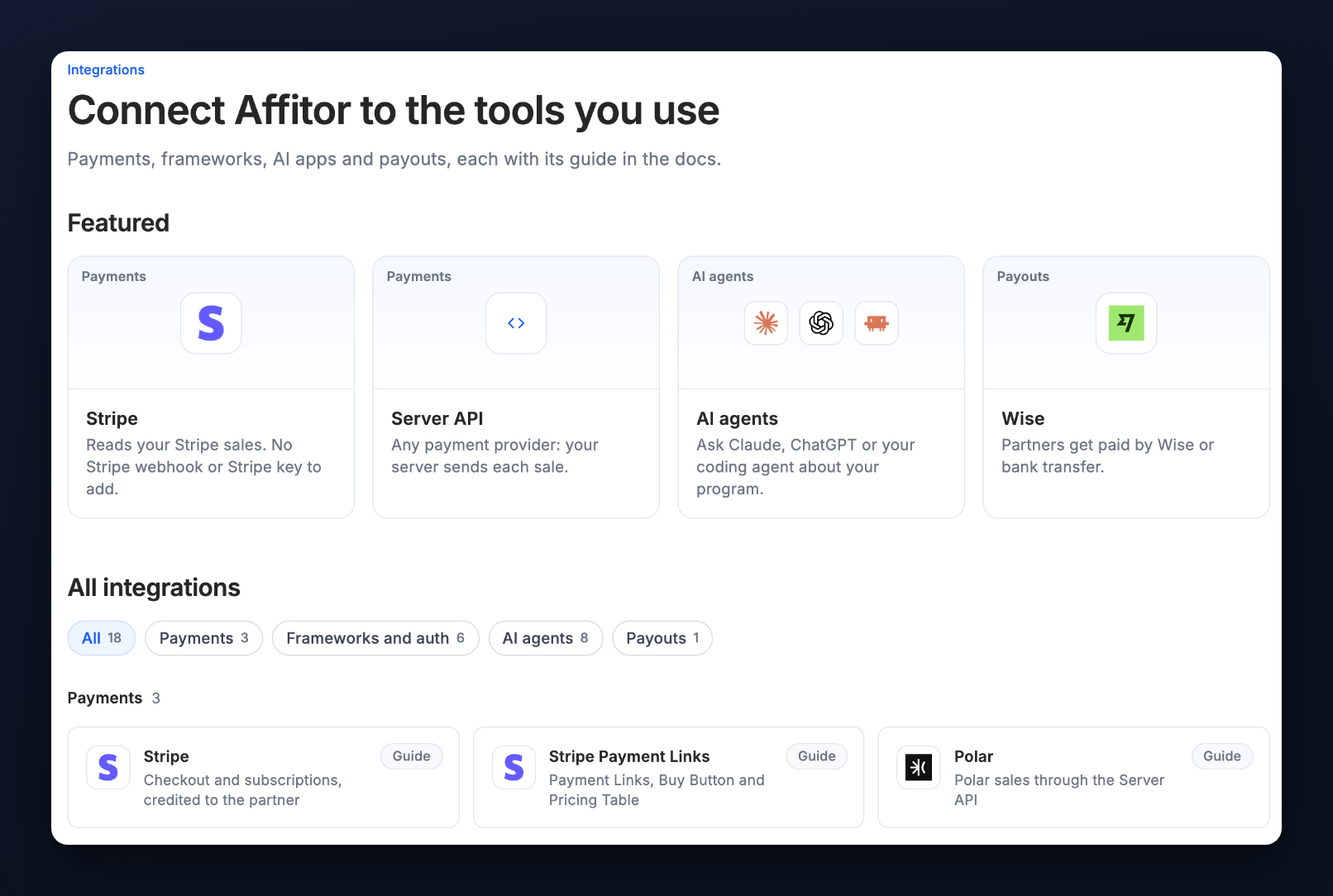 The Integrations page with its heading, the featured tiles, the category filter and the first row of payment integrations