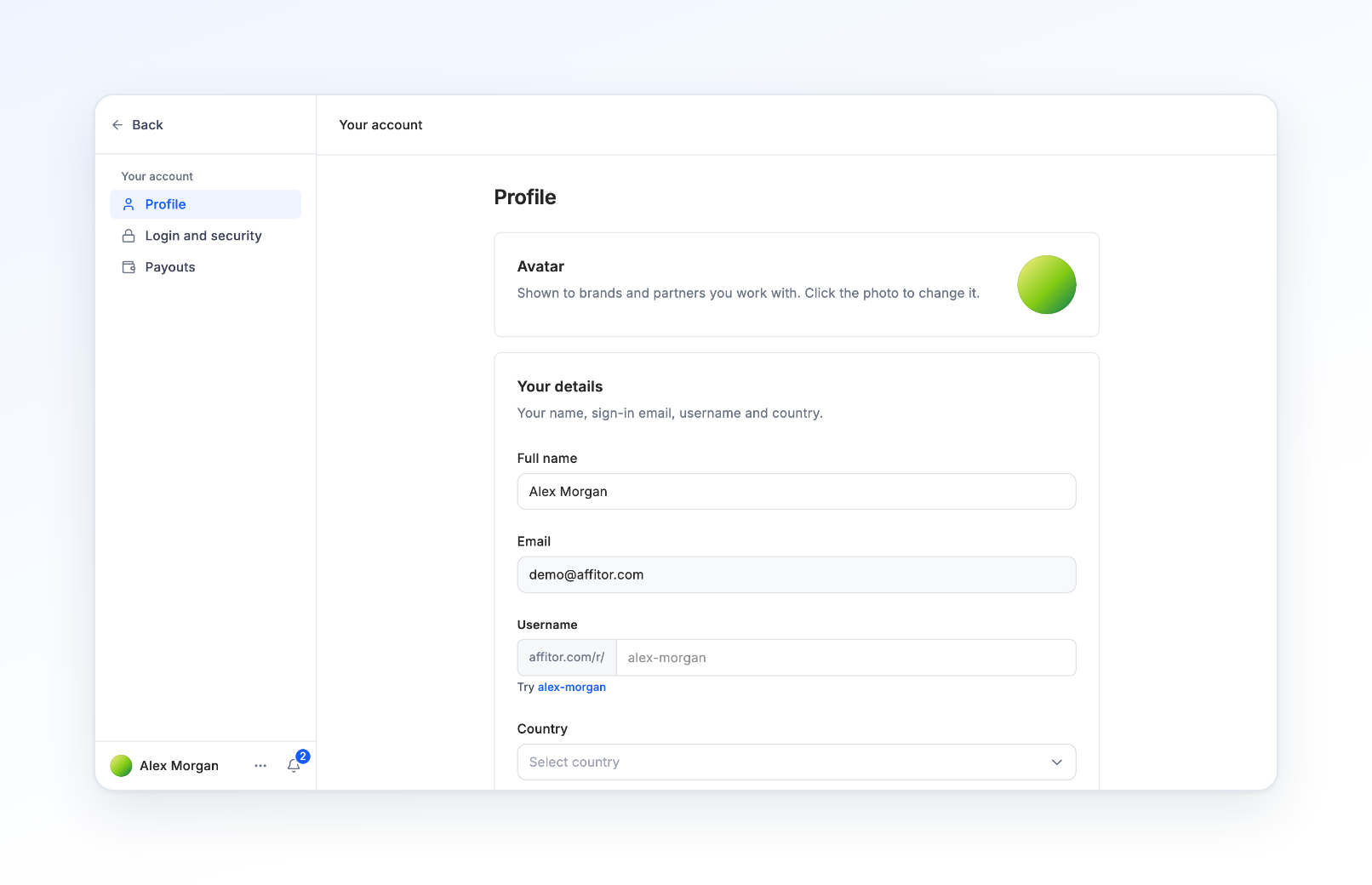 Your account on the Profile tab, with the avatar and the name, email, username and country fields